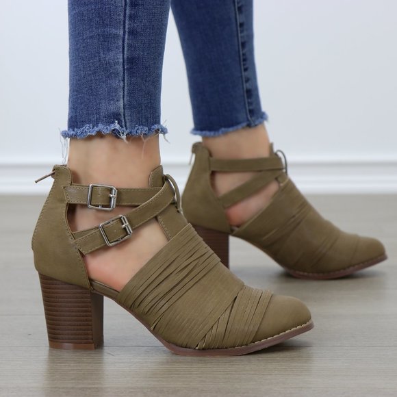 Taupe Faux Leather Strap Ankle Booties - Picture 6 of 7